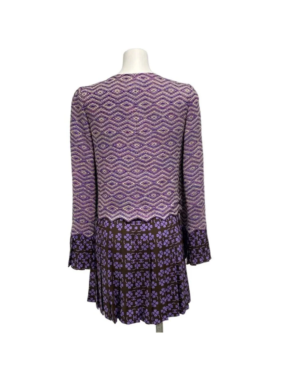 Chanel Skirt Suit Dark Brown Purple Clover CC Logo Pleats Set Wool